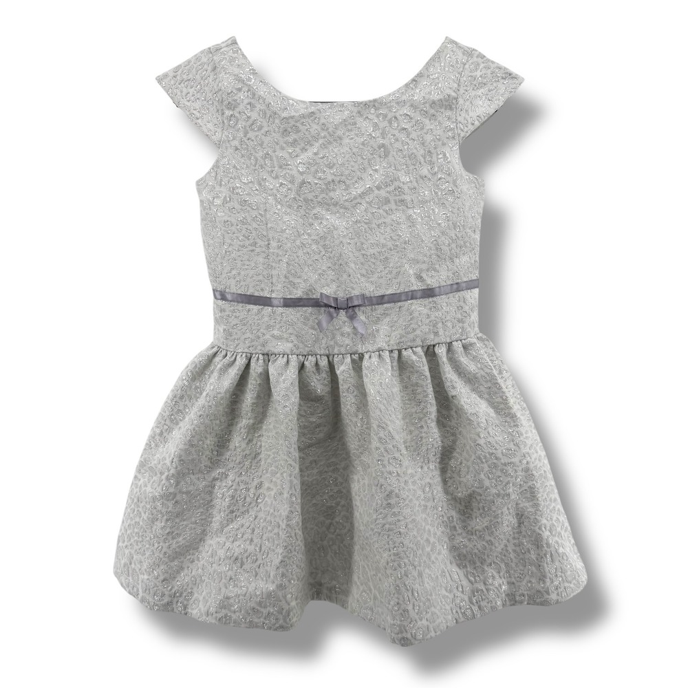 Janie & Jack Silver‎ Metallic Leopard Party Dress Girls Size 4 Cap Sleeve Bow